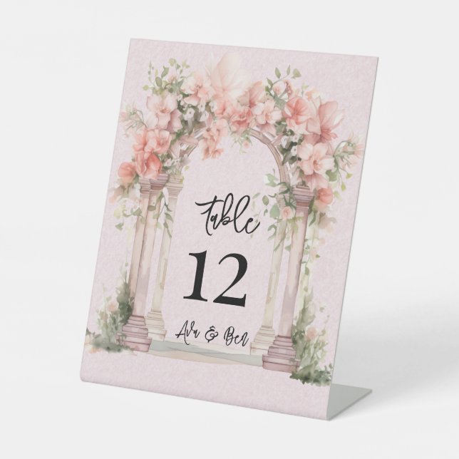 Rosa Wasserfarben Kirche Hochzeit Tischnummer Sockelschild (Vorderseite)