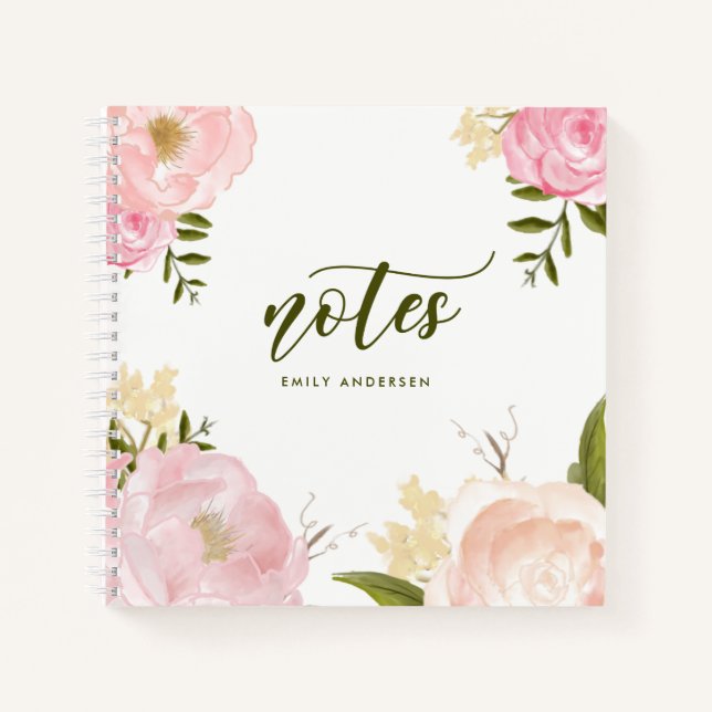 Rosa Wasserfarben Rose & Peonings Personalisiert Notizbuch (Vorderseite)