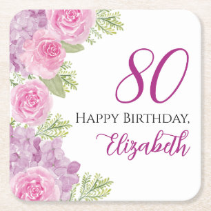 Rosa Wasserfarben-Rosen 80. Geburtstag-Getränkeunt Rechteckiger Pappuntersetzer