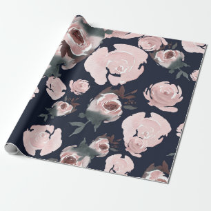 Rosa Wasserfarben Rosen Dunkelblaue Florale Party Geschenkpapier