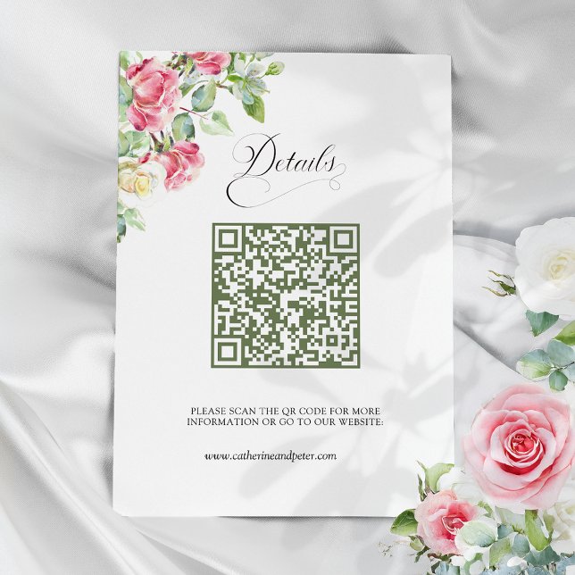 Rosa Wasserfarben-Rosen QR-Code Hochzeit Begleitkarte (Von Creator hochgeladen)