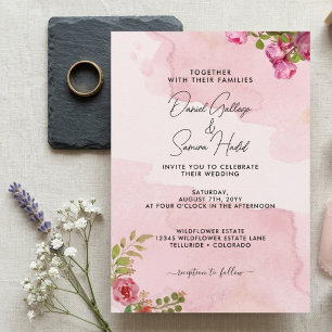 Rosa Wasserfarben-Rosen Schrift Hochzeit Einladung