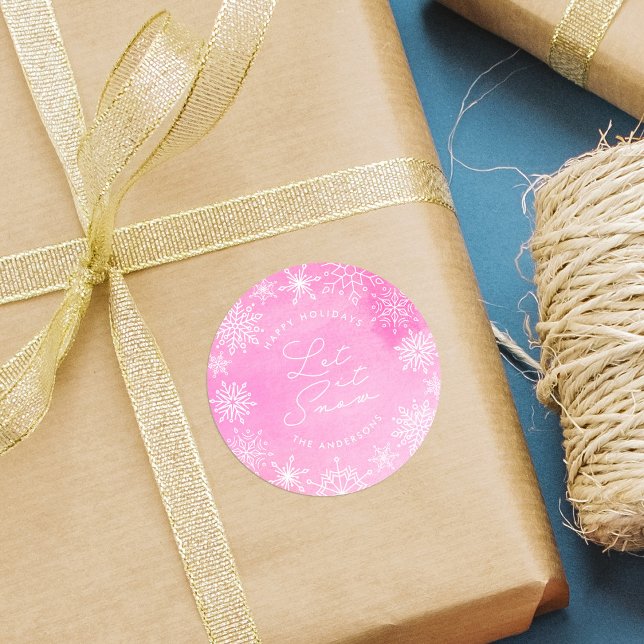 Rosa Wasserfarben Schneeflocken Schneeflocken Runder Aufkleber (Von Creator hochgeladen)