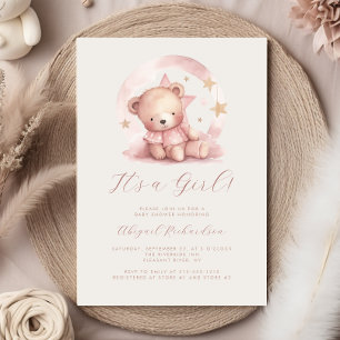 Rosa Wasserfarben-Teddybär-Mädchen-Baby-Party Einladung