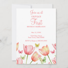 Rosa Wasserfarben-Tulpen 1. Geburtstagsfeier Einladung