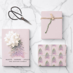 Rosa Wasserfarben-Weihnachtsbäume-Feiertag Geschenkpapier Set