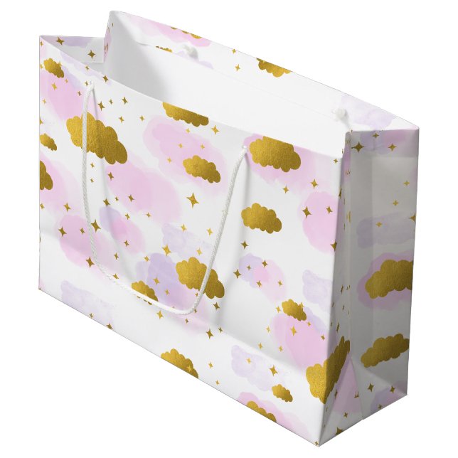 Rosa Wasserfarben Wolken Gold Stars Sky Große Geschenktüte (Vorderseite Schrägansicht)
