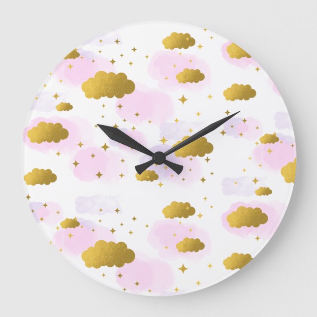 Rosa Wasserfarben Wolken Gold Stars Sky Große Wanduhr (Vorderseite)
