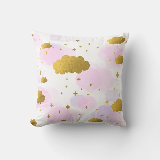 Rosa Wasserfarben Wolken Gold Stars Sky Kissen (Vorderseite)