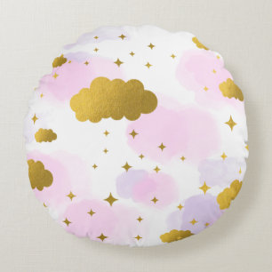 Rosa Wasserfarben Wolken Gold Stars Sky Rundes Kissen