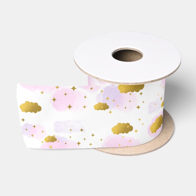 Rosa Wasserfarben Wolken Gold Stars Sky Satinband (Spule)