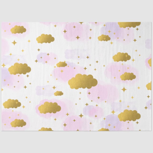 Rosa Wasserfarben Wolken Gold Stars Sky Seidenpapier (Vorderseite)