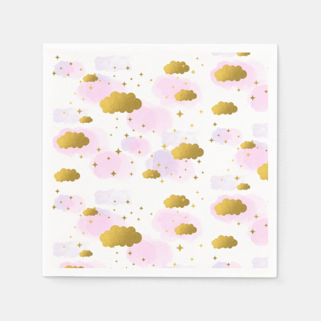 Rosa Wasserfarben Wolken Gold Stars Sky Serviette (Vorderseite)
