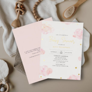 Rosa Wasserfarben-Wolken Mädchen Baby Shower Gold Folieneinladung