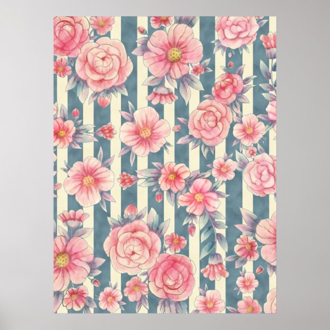 Rosa Wasserfarbenblumen auf Streifen Poster (Vorne)