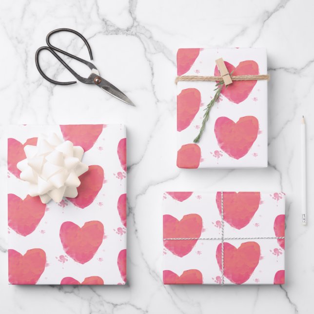 Rosa Wasserfarbenherz Geschenkpapier Set (Vorderseite)