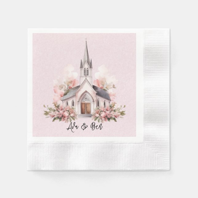 Rosa Wasserfarbenkirche Hochzeit Serviette (Vorderseite)