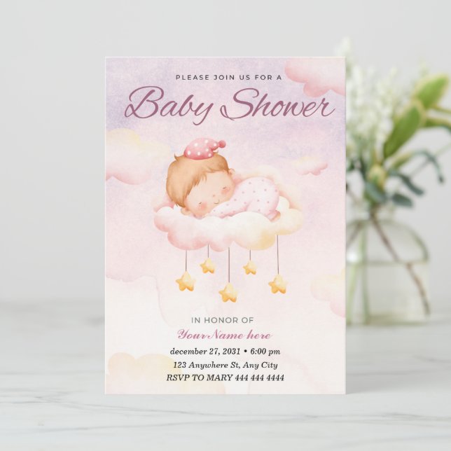Rosa Wasserfarbenleuchte Niedlich Girl Baby Dusche Einladung (Stehend Vorderseite)