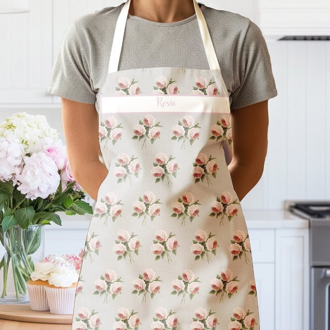 Rosa Wasserfarbenrosen auf beiger Leinen-Schürze Schürze (Pink Roses Linen Apron)