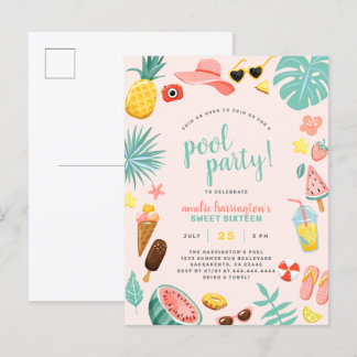 Rosa | Wassermelone Ananas Tropical Pool Party Einladungspostkarte