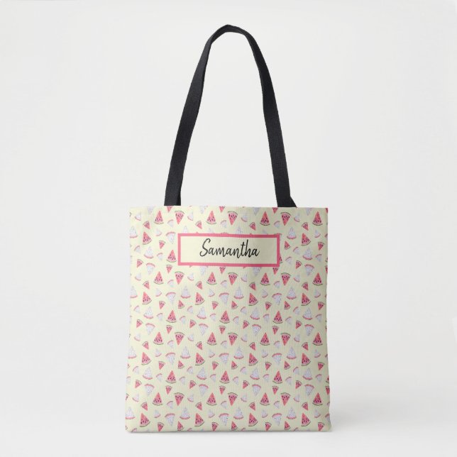Rosa Wassermelonen auf blassgelbem Mit Monogramm Tasche (Vorderseite)