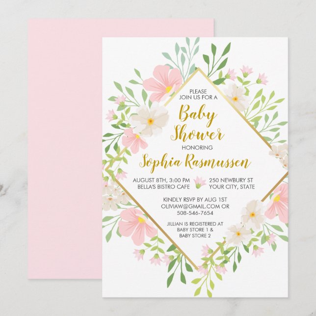Rosa Watercolor-Blumen-Baby-Duschen-Einladung Einladung (Vorne/Hinten)
