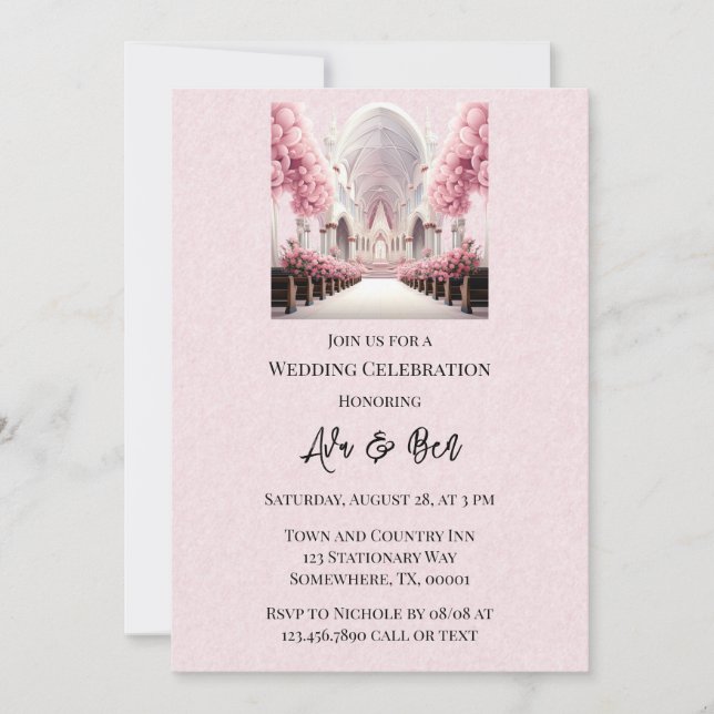 Rosa Watercolor Blumenkirche Hochzeit Einladung (Vorderseite)