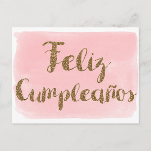 Rosa Watercolor Gold Glitter Feliz Cumpleanos Postkarte