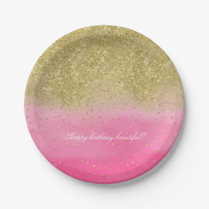 Rosa Watercolor-Imitat-GoldGlitzerConfetti Pappteller
