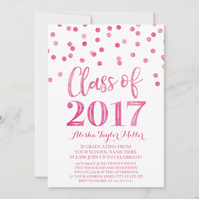 Rosa Watercolorconfetti-Abschluss-Party Einladung (Vorderseite)