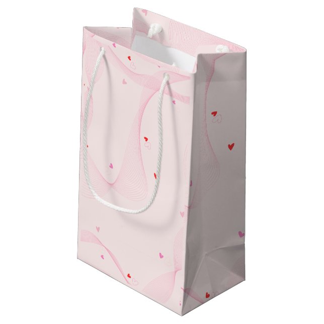 Rosa Wavy Linien mit roten Herzen Geschenktasche Kleine Geschenktüte (Rückseite Schrägansicht)
