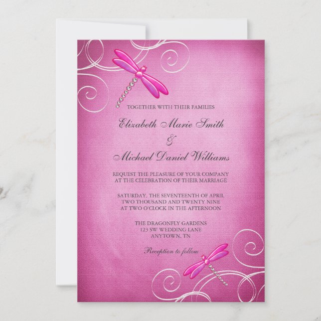 Rosa Wedding Libellen-Wirbel Einladung (Vorderseite)