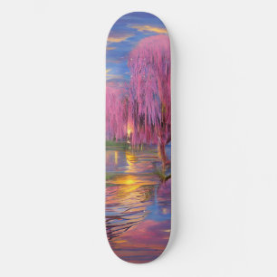 Rosa Weiden bei Sonnenuntergang am Teich Skateboard