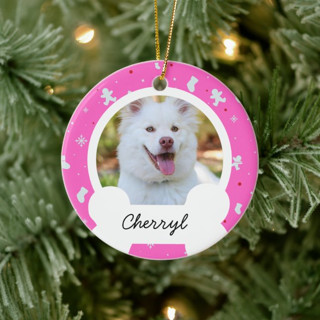 Rosa Weihnachten Custom Dog Foto Keramik Ornament (Baum)