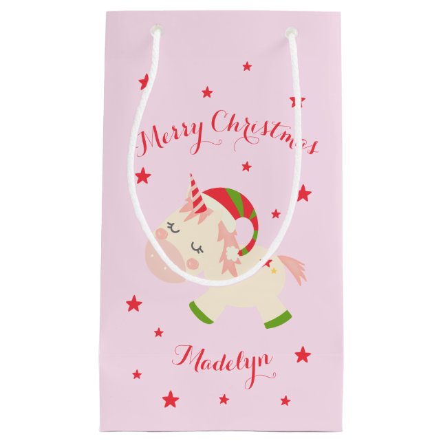 Rosa Weihnachten Einhorn Urlaub Personalisiert Kleine Geschenktüte (Vorderseite)