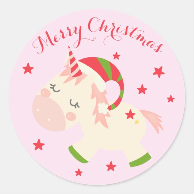 Rosa Weihnachten Einhorn Urlaub Personalisiert Runder Aufkleber (Vorderseite)