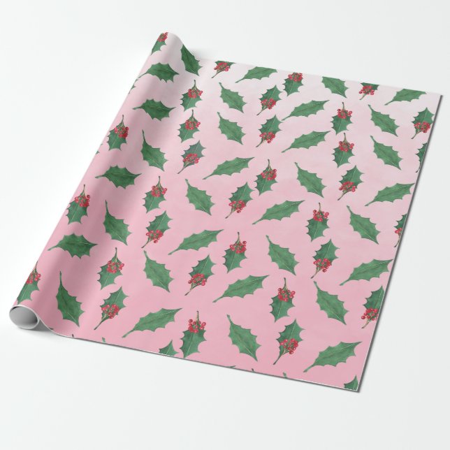 Rosa Weihnachten Grün Heilige Berries Urlaub Geschenkpapier (Ungerollt)