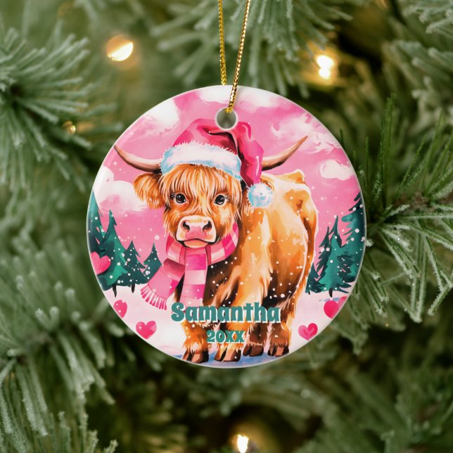 Rosa Weihnachten Hochland Kuh Kinder Foto Ornament (Baum)