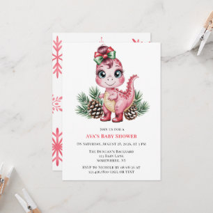 Rosa Weihnachts-Dino-Mädchen-Baby-Party Einladung