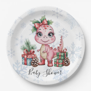 Rosa Weihnachts-Dino-Mädchen-Baby-Party Pappteller
