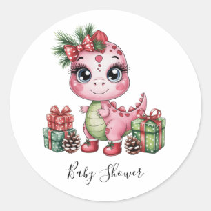 Rosa Weihnachts-Dino-Mädchen-Baby-Party Runder Aufkleber