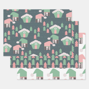 Rosa Weihnachts-Gnome Village Stadt Geschenkpapier Set