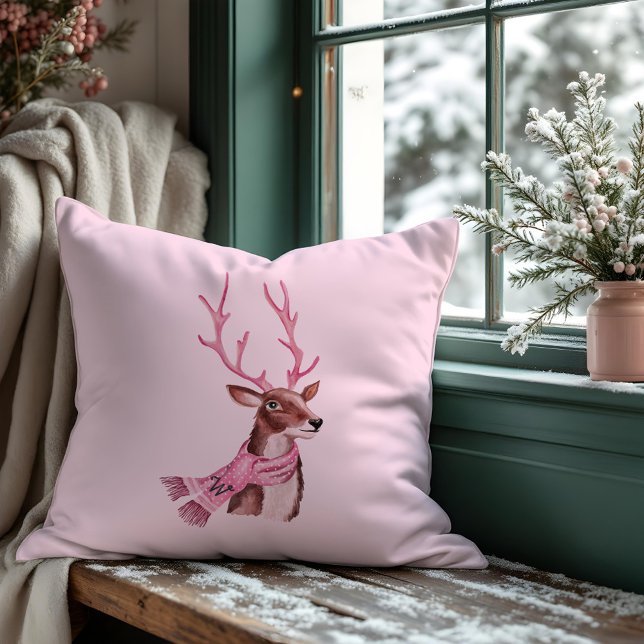 Rosa Weihnachts Retro Vintag Rentier Monogramm Kissen (Pink Christmas Retro Vintage Reindeer Monogram Throw Pillow)