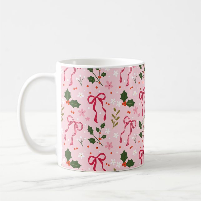 Rosa Weihnachts-Stechpalmen-Schleifen-Tasse Kaffeetasse (Links)