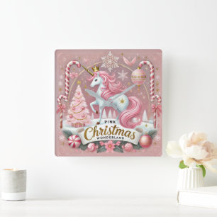 Rosa Weihnachts-Wunderland-Einhorn Quadratische Wanduhr
