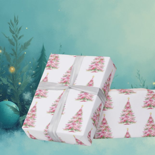  Rosa Weihnachtsbaum Geschenkpapier (Pastel watercolor pink trees!)