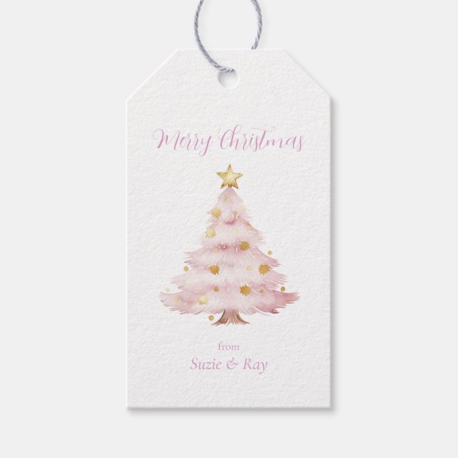 Rosa Weihnachtsbaum Gold Stars Geschenkanhänger (Vorderseite)