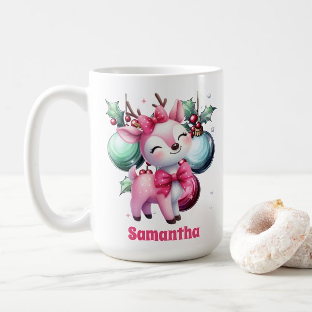 Rosa Weihnachtsbaum Personalisierter Name Tasse (Mit Donut)