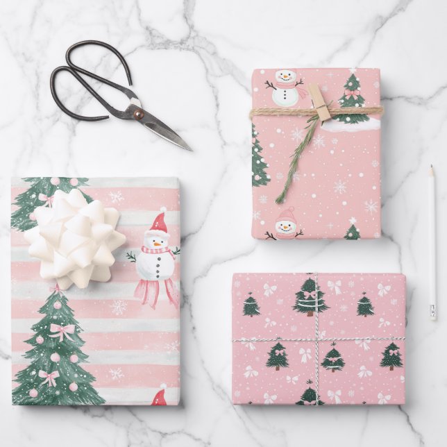 Rosa Weihnachtsbaum Snowman Playful Snowflakes Geschenkpapier Set (Vorderseite)