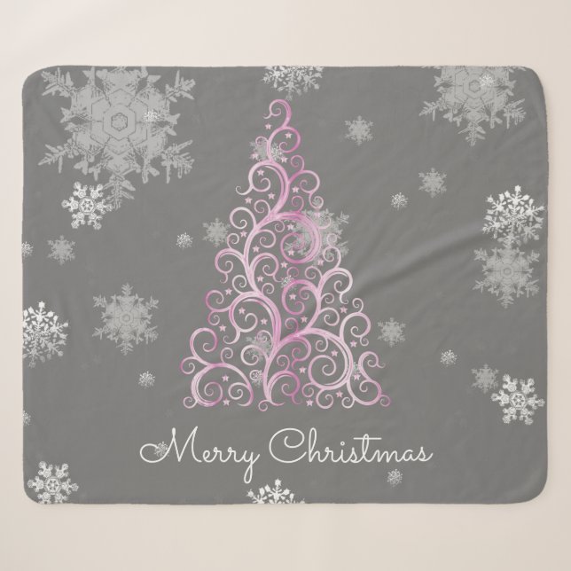 Rosa Weihnachtsbaum und Schneeflocken Sherpa Blank Sherpadecke (Vorderseite (Horizontal))